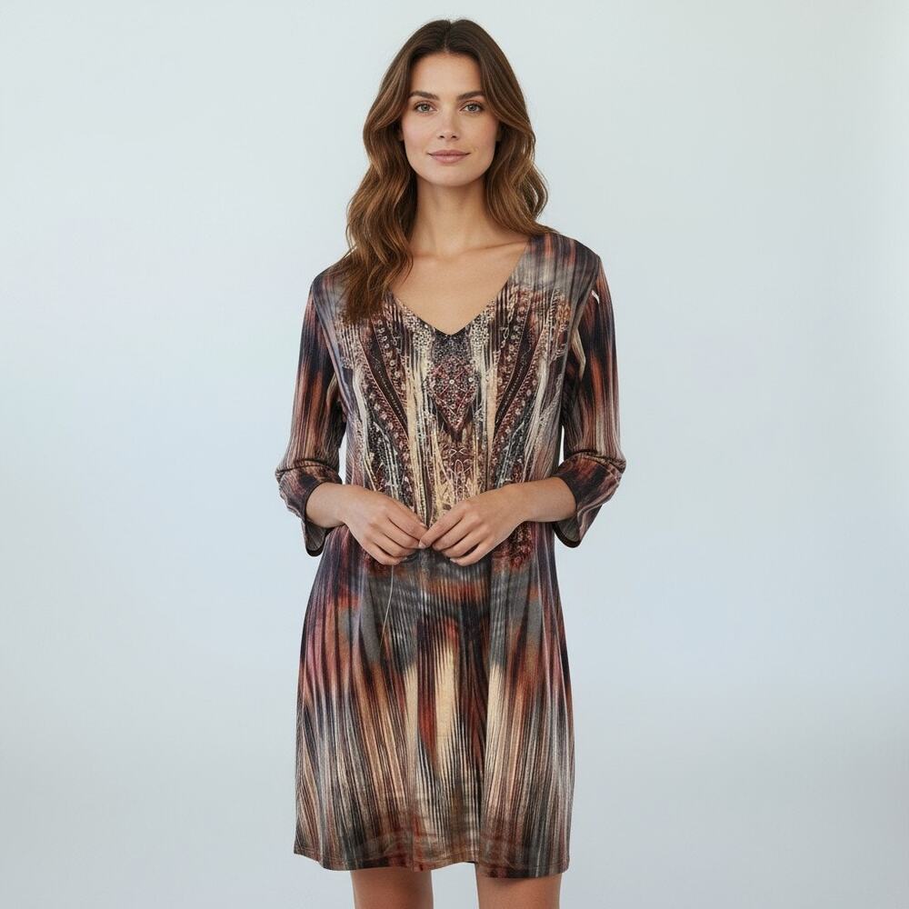 One World Womens XL Multicolor V Neck Tunic Top Long Sleeve Shirt Dress Boho